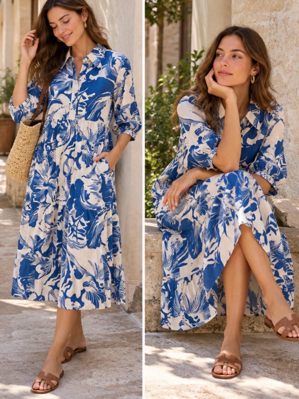 Maeve Anthropologie Bettina Tiered Shirt Dress Blue White Floral Size MP